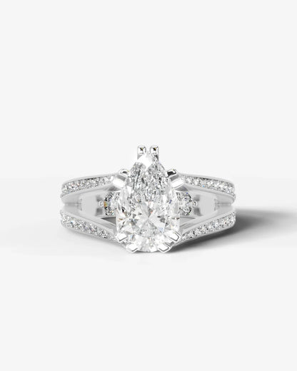 Pear Cut Lab Diamond Engagement Ring with split shank pave band and hidden halo| D VS1