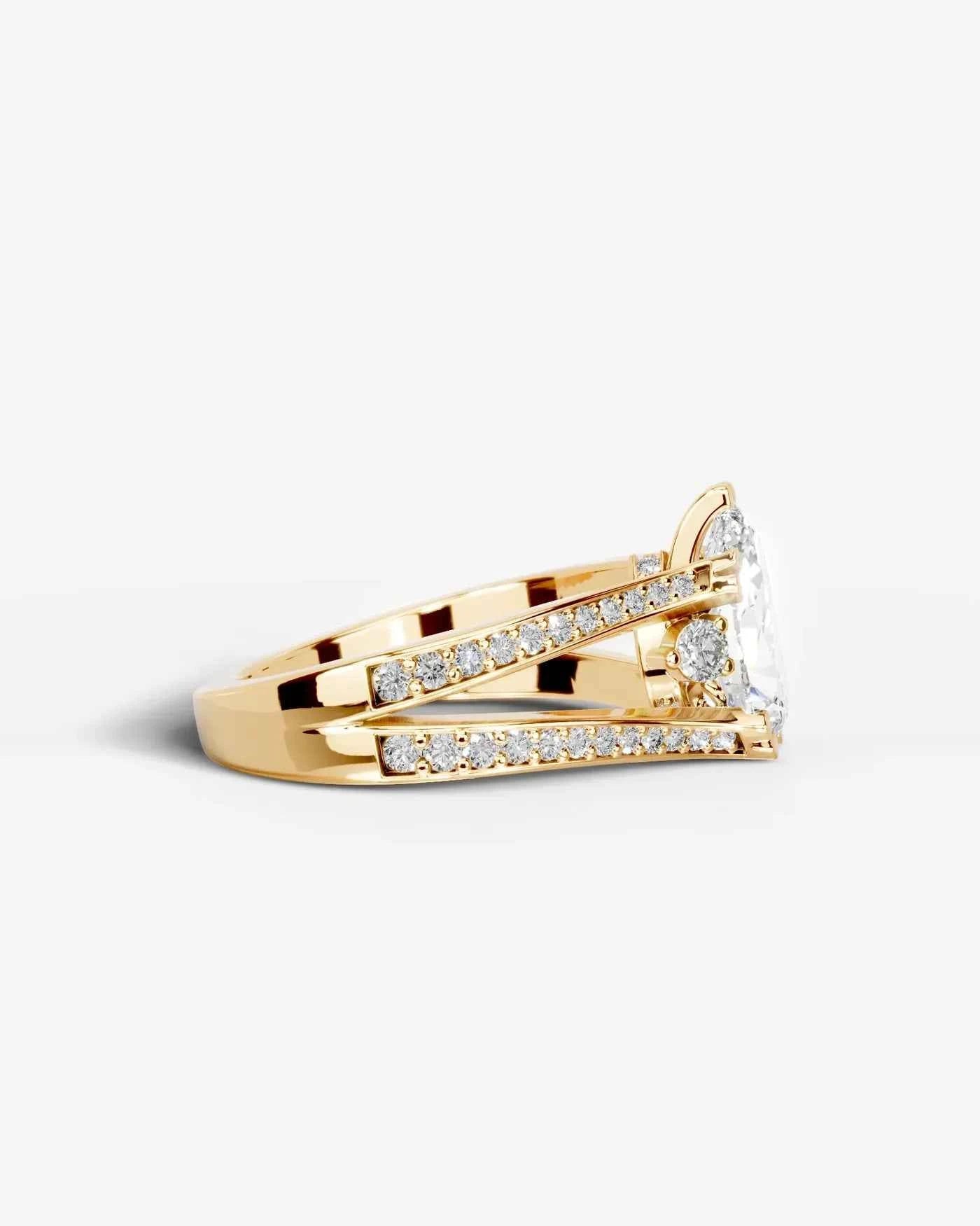 Pear Cut Lab Diamond Engagement Ring with split shank pave band and hidden halo| D VS1