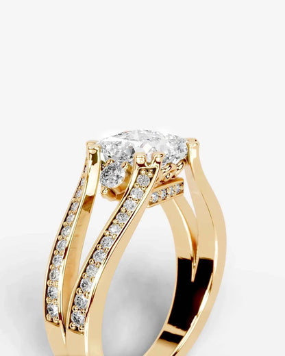 Cushion Cut Lab Diamond Engagement Ring with split shank pave band and hidden halo| D VS1