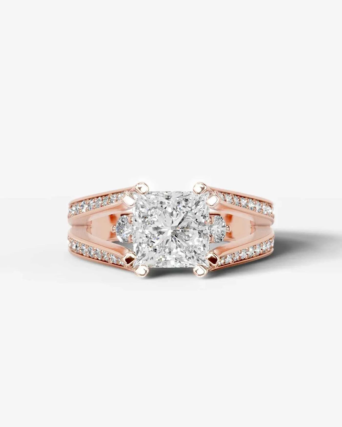 Princess Cut Lab Diamond Engagement Ring with split shank pave band and hidden halo| D VS1