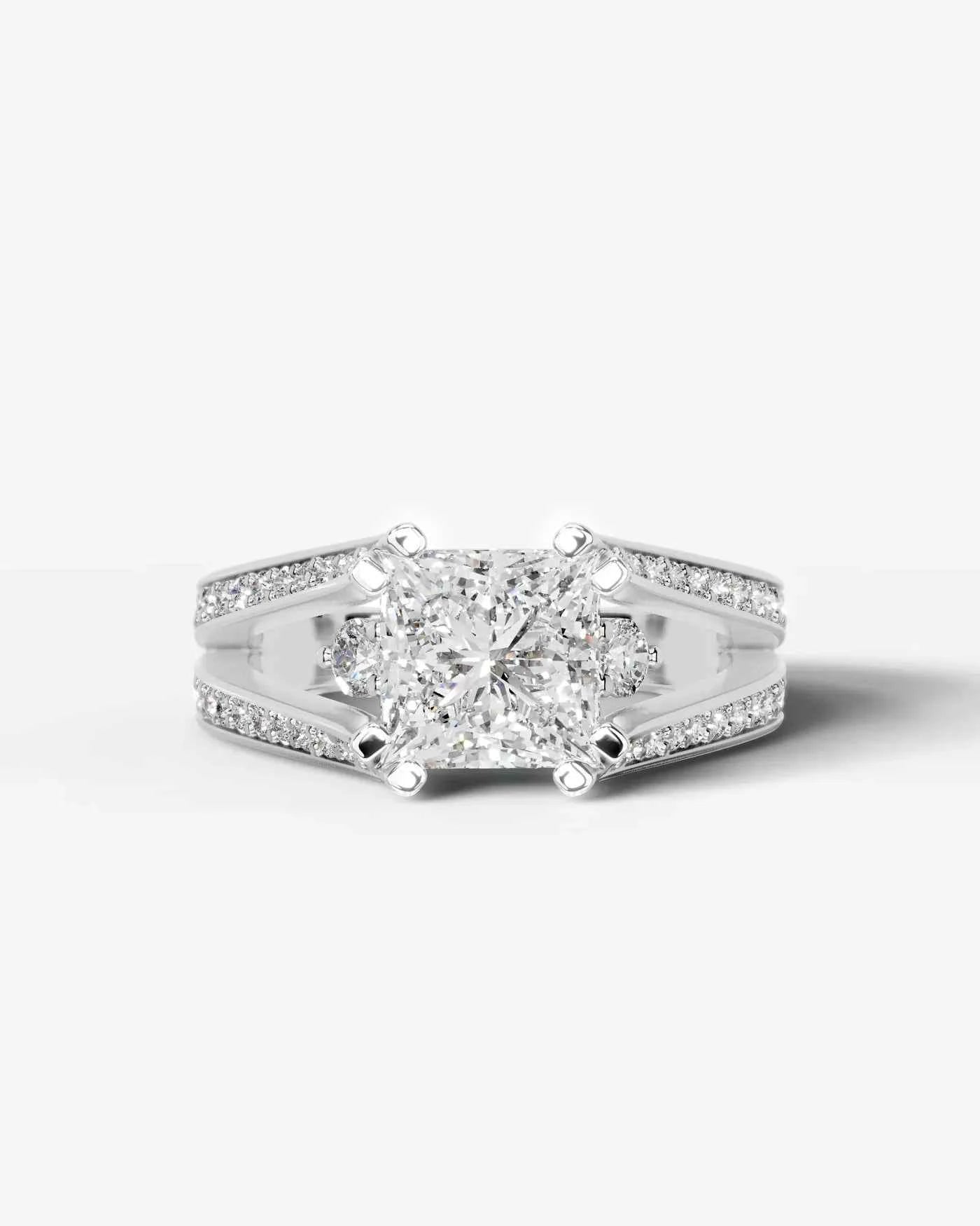 Princess Cut Lab Diamond Engagement Ring with split shank pave band and hidden halo| D VS1
