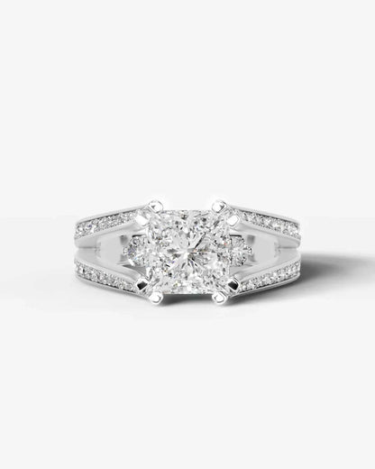 Princess Cut Lab Diamond Engagement Ring with split shank pave band and hidden halo| D VS1