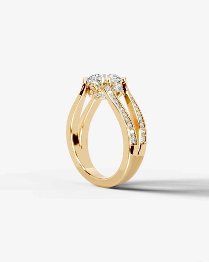 Round Cut Lab Diamond Engagement Ring with split shank pave band and hidden halo| D VS1