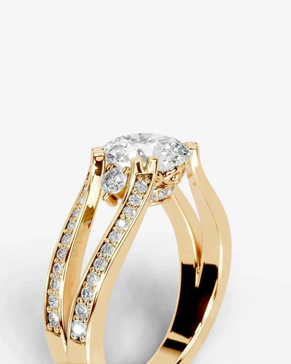 Round Cut Lab Diamond Engagement Ring with split shank pave band and hidden halo| D VS1