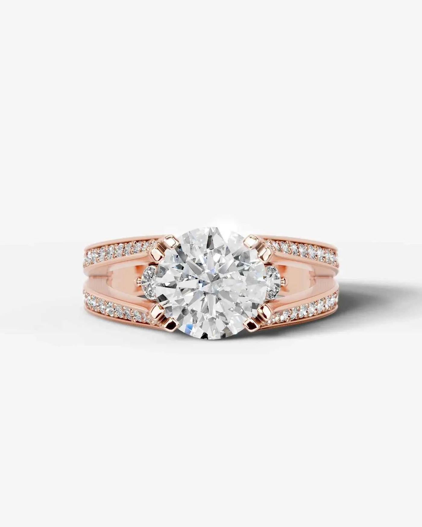 Round Cut Lab Diamond Engagement Ring with split shank pave band and hidden halo| D VS1