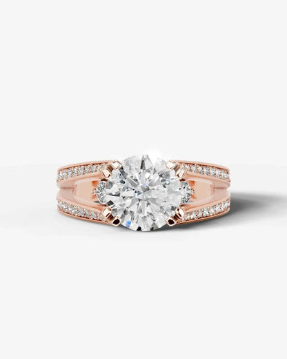 Round Cut Lab Diamond Engagement Ring with split shank pave band and hidden halo| D VS1