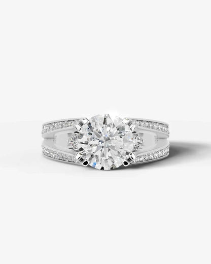 Round Cut Lab Diamond Engagement Ring with split shank pave band and hidden halo| D VS1