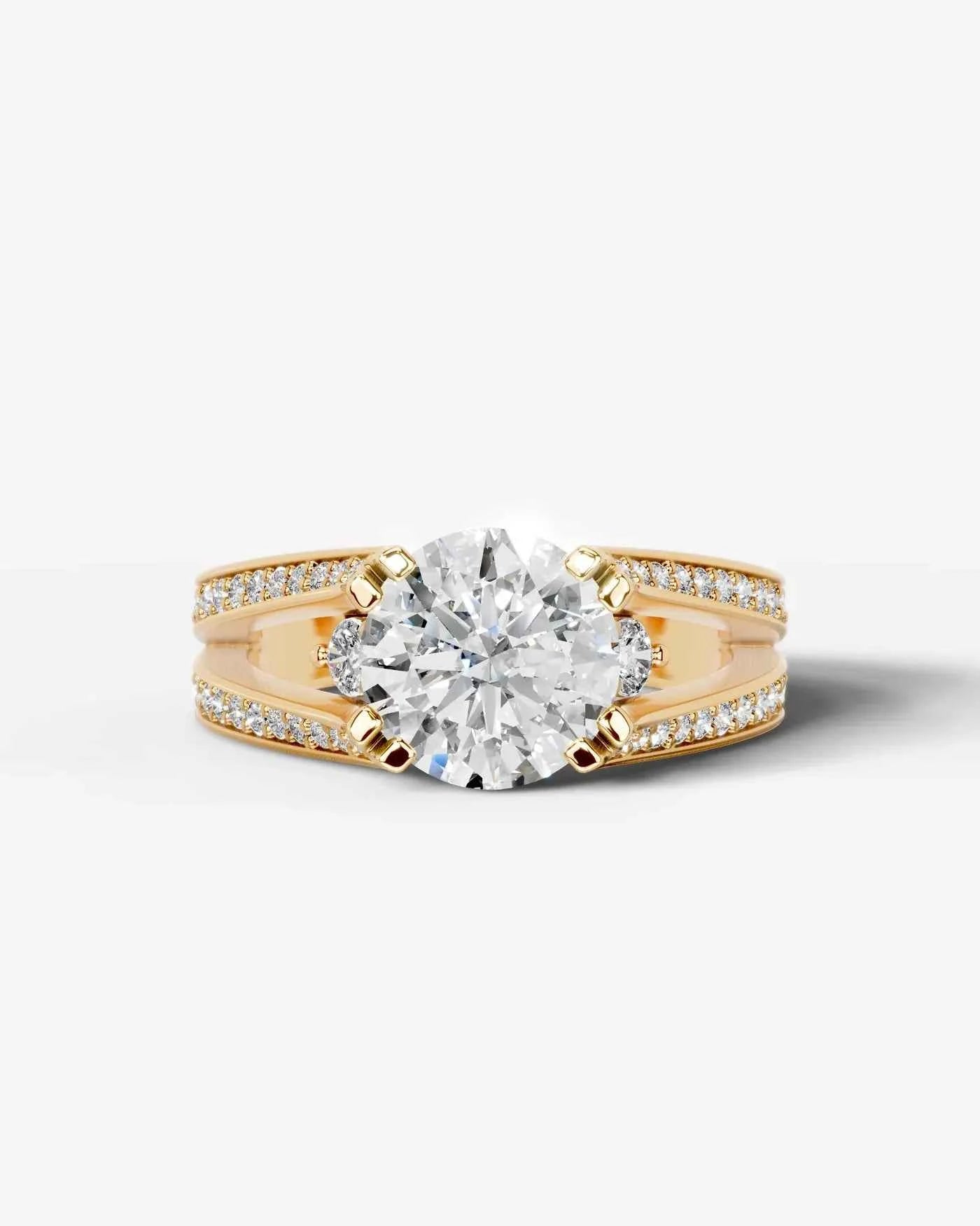 Round Cut Lab Diamond Engagement Ring with split shank pave band and hidden halo| D VS1