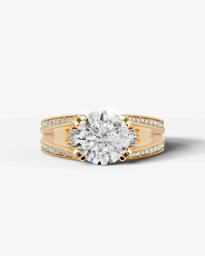 Round Cut Lab Diamond Engagement Ring with split shank pave band and hidden halo| D VS1