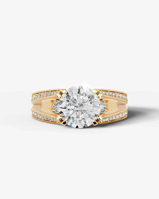 Round Cut Lab Diamond Engagement Ring with split shank pave band and hidden halo| D VS1
