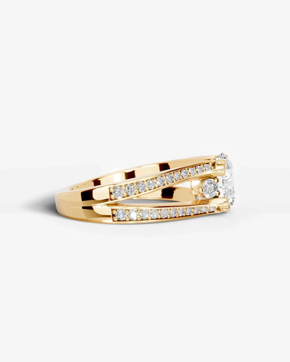 Round Cut Lab Diamond Engagement Ring with split shank pave band and hidden halo| D VS1
