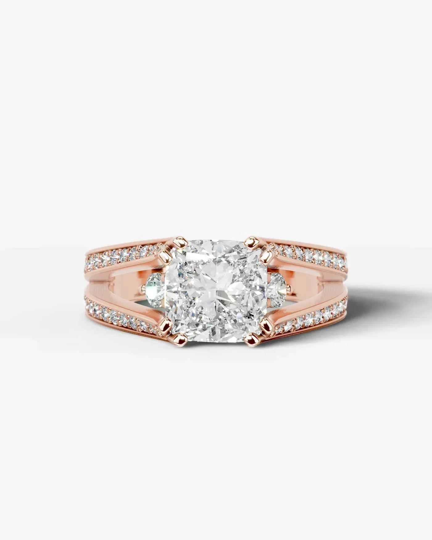 Cushion Cut Lab Diamond Engagement Ring with split shank pave band and hidden halo| D VS1
