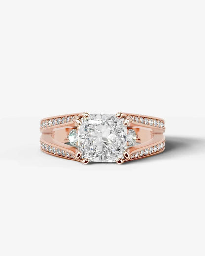 Cushion Cut Lab Diamond Engagement Ring with split shank pave band and hidden halo| D VS1
