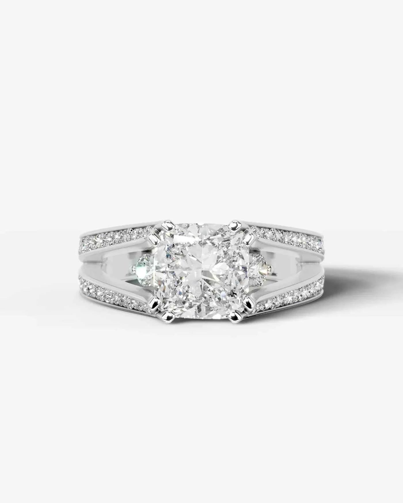 Cushion Cut Lab Diamond Engagement Ring with split shank pave band and hidden halo| D VS1