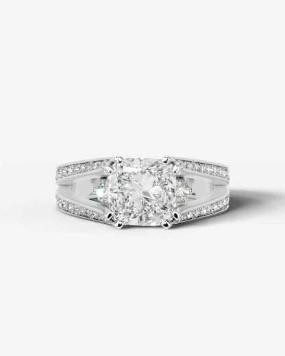 Cushion Cut Lab Diamond Engagement Ring with split shank pave band and hidden halo| D VS1
