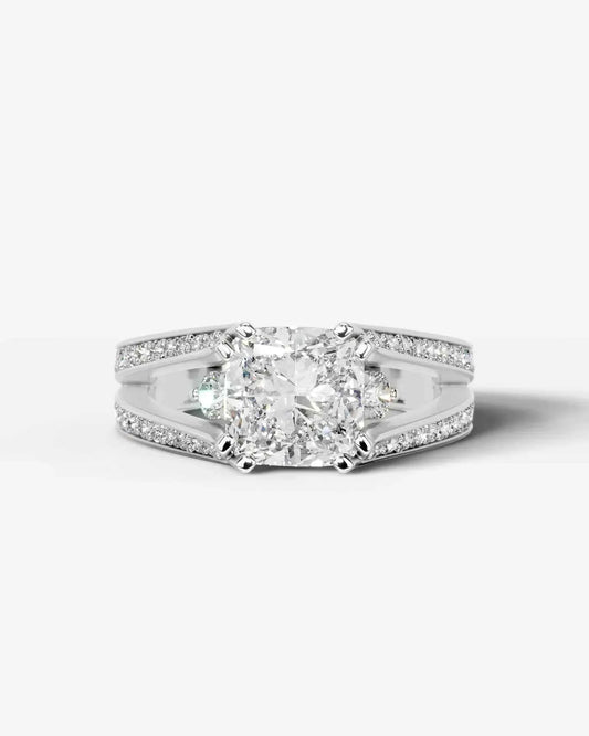 Cushion Cut Lab Diamond Engagement Ring with split shank pave band and hidden halo| D VS1