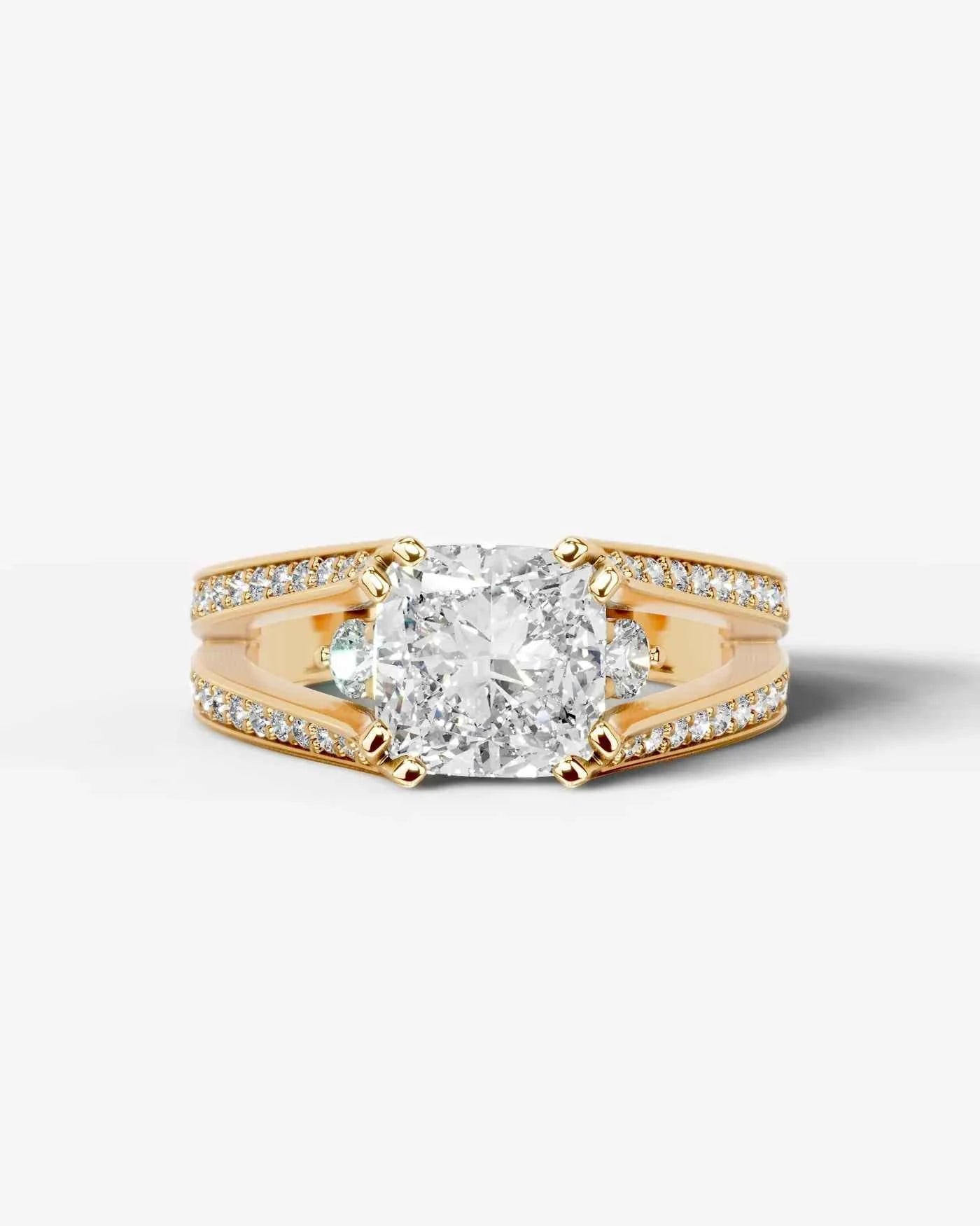 Cushion Cut Lab Diamond Engagement Ring with split shank pave band and hidden halo| D VS1