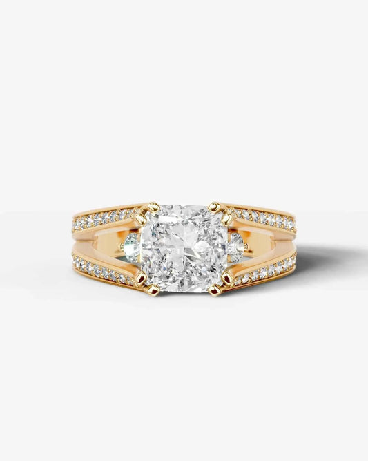 Cushion Cut Lab Diamond Engagement Ring with split shank pave band and hidden halo| D VS1