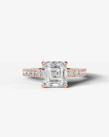 Asscher Cut Solitaire Lab Grown Diamond Engagement Ring with Pavé Band | D VS1