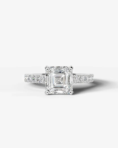 Asscher Cut Solitaire Lab Grown Diamond Engagement Ring with Pavé Band | D VS1