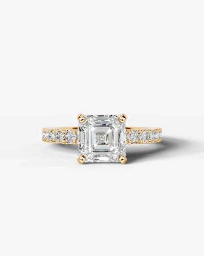 Asscher Cut Solitaire Lab Grown Diamond Engagement Ring with Pavé Band | D VS1