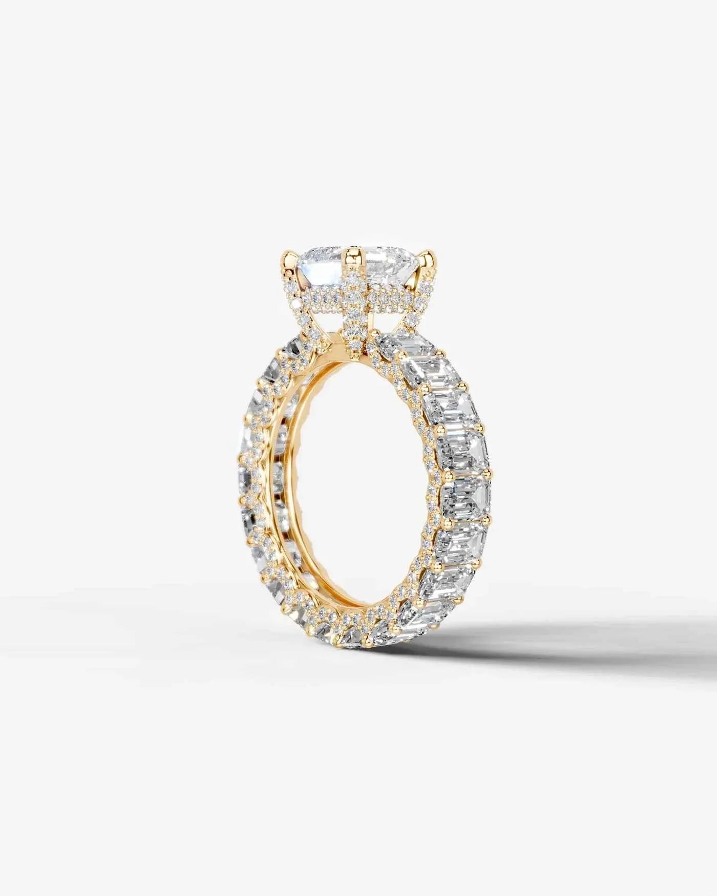 Asscher Cut Lab Diamond Engagement Ring with Emerald cut eternity band and Hidden halo| D VS1