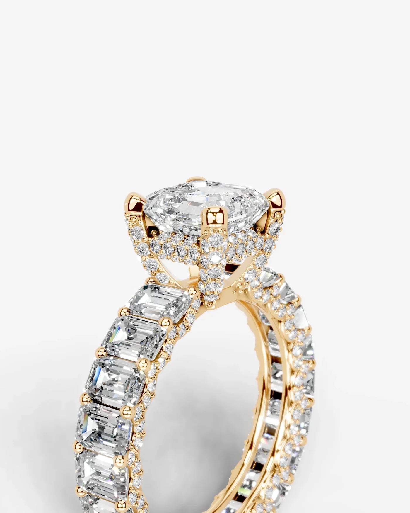 Asscher Cut Lab Diamond Engagement Ring with Emerald cut eternity band and Hidden halo| D VS1
