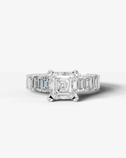 Asscher Cut Lab Diamond Engagement Ring with Emerald cut eternity band and Hidden halo| D VS1