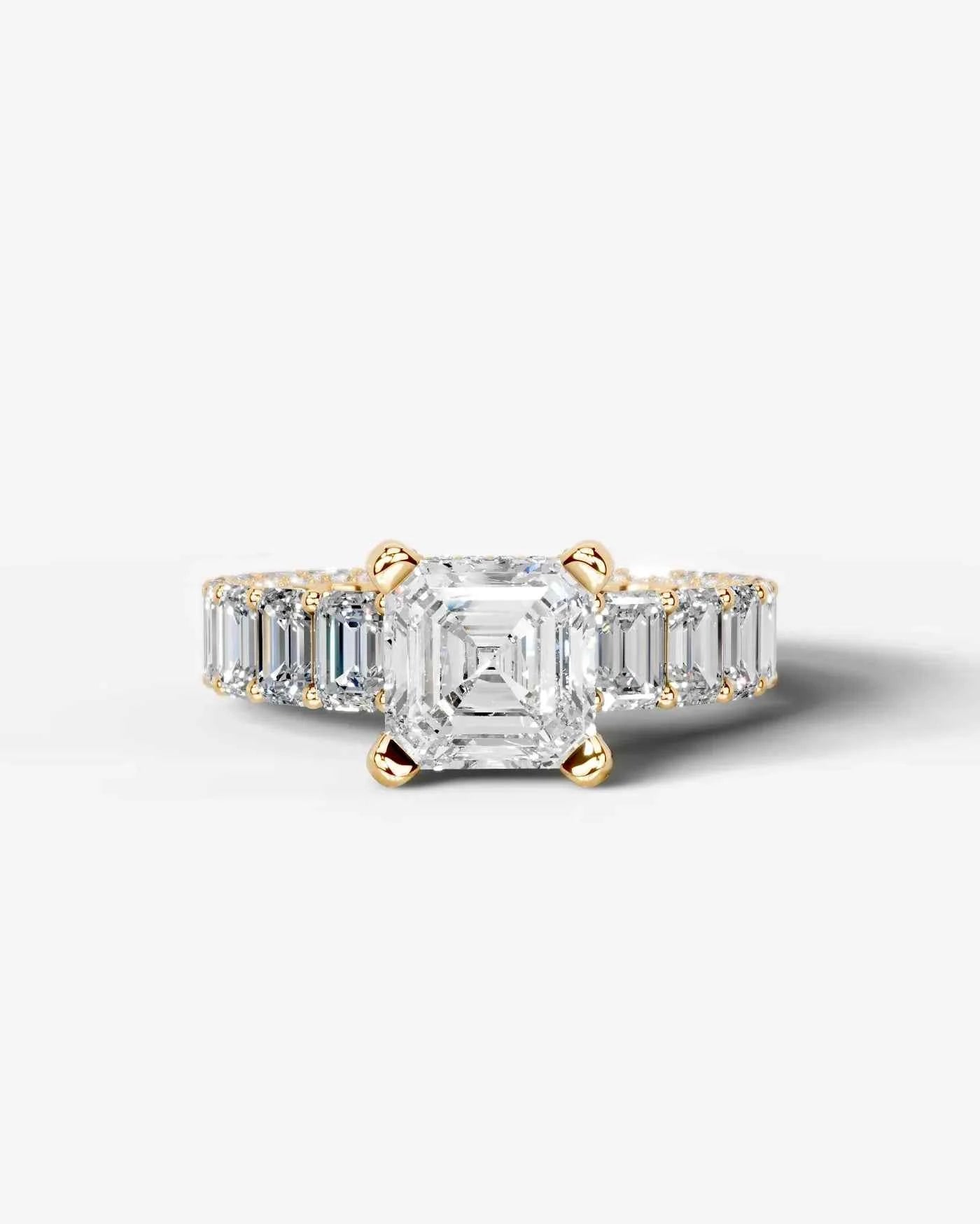 Asscher Cut Lab Diamond Engagement Ring with Emerald cut eternity band and Hidden halo| D VS1