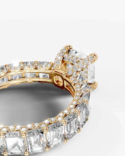 Asscher Cut Lab Diamond Engagement Ring with Emerald cut eternity band and Hidden halo| D VS1
