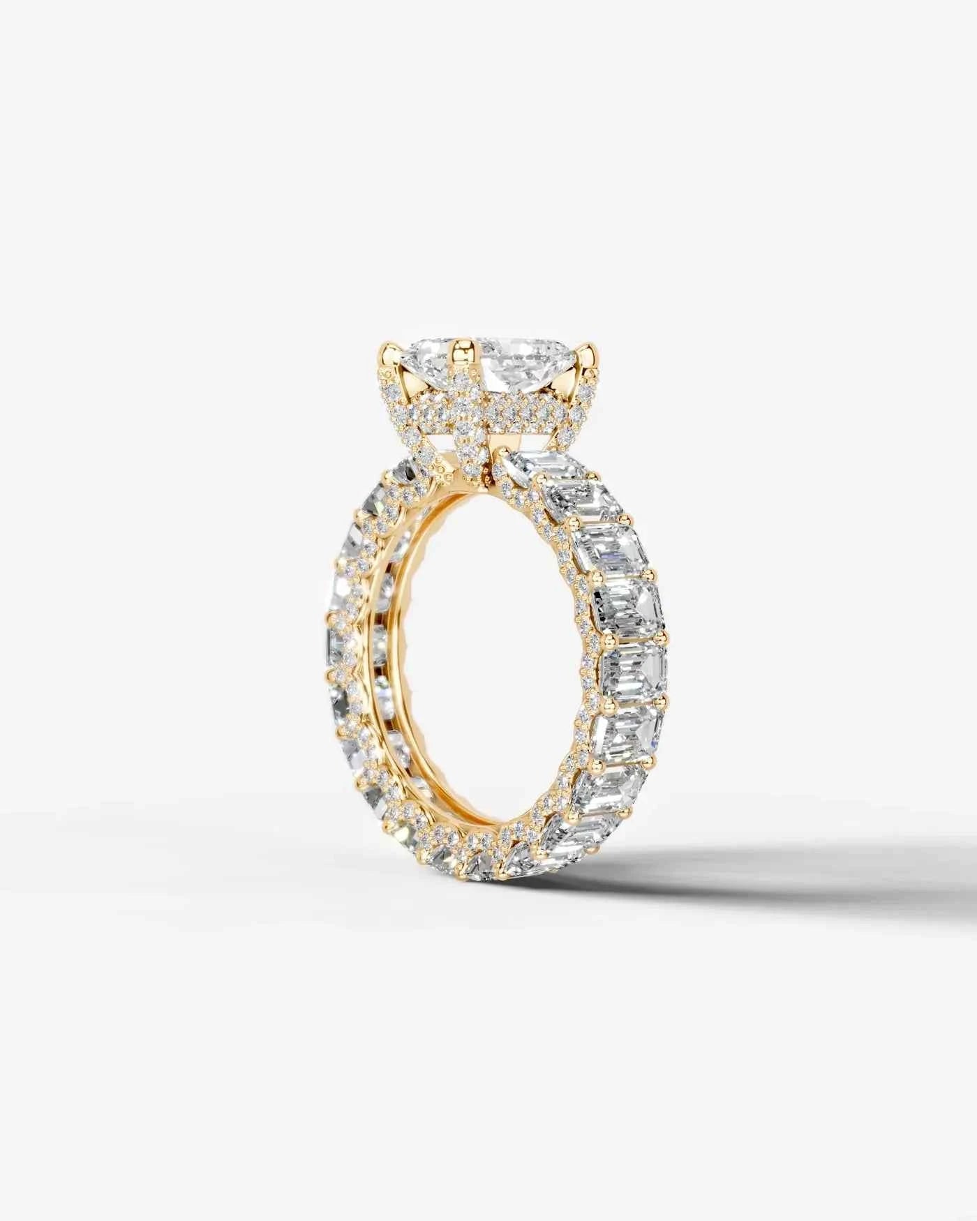 Radiant  Cut Lab Diamond Engagement Ring with Emerald cut eternity band and Hidden halo| D VS1