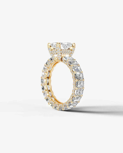 Radiant  Cut Lab Diamond Engagement Ring with Emerald cut eternity band and Hidden halo| D VS1