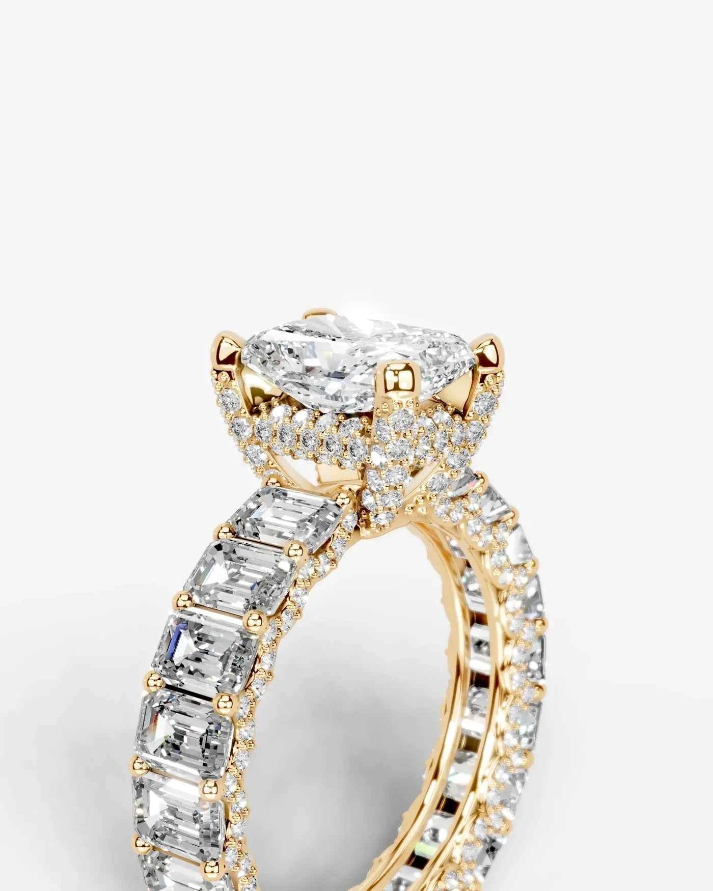 Radiant  Cut Lab Diamond Engagement Ring with Emerald cut eternity band and Hidden halo| D VS1