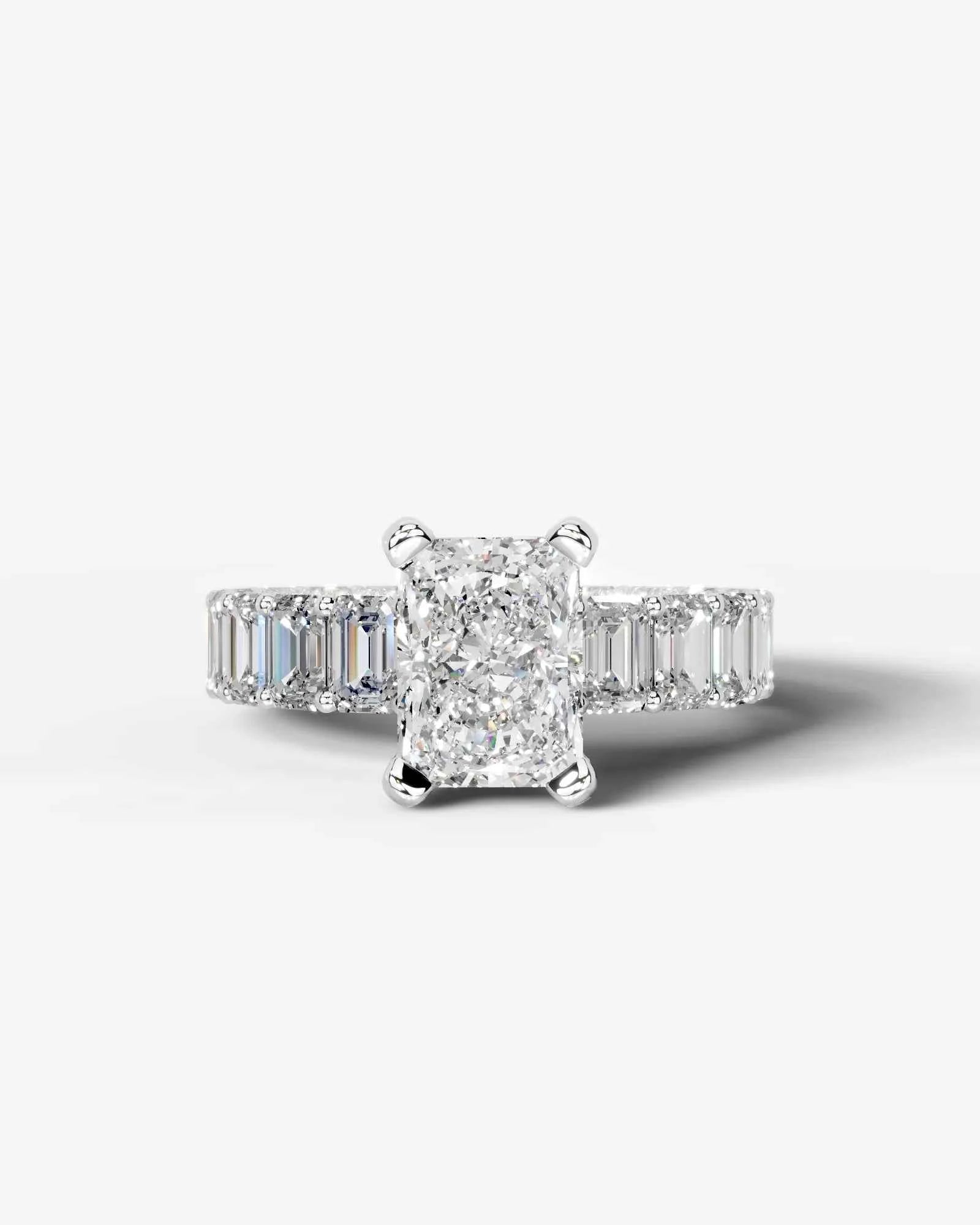 Radiant  Cut Lab Diamond Engagement Ring with Emerald cut eternity band and Hidden halo| D VS1