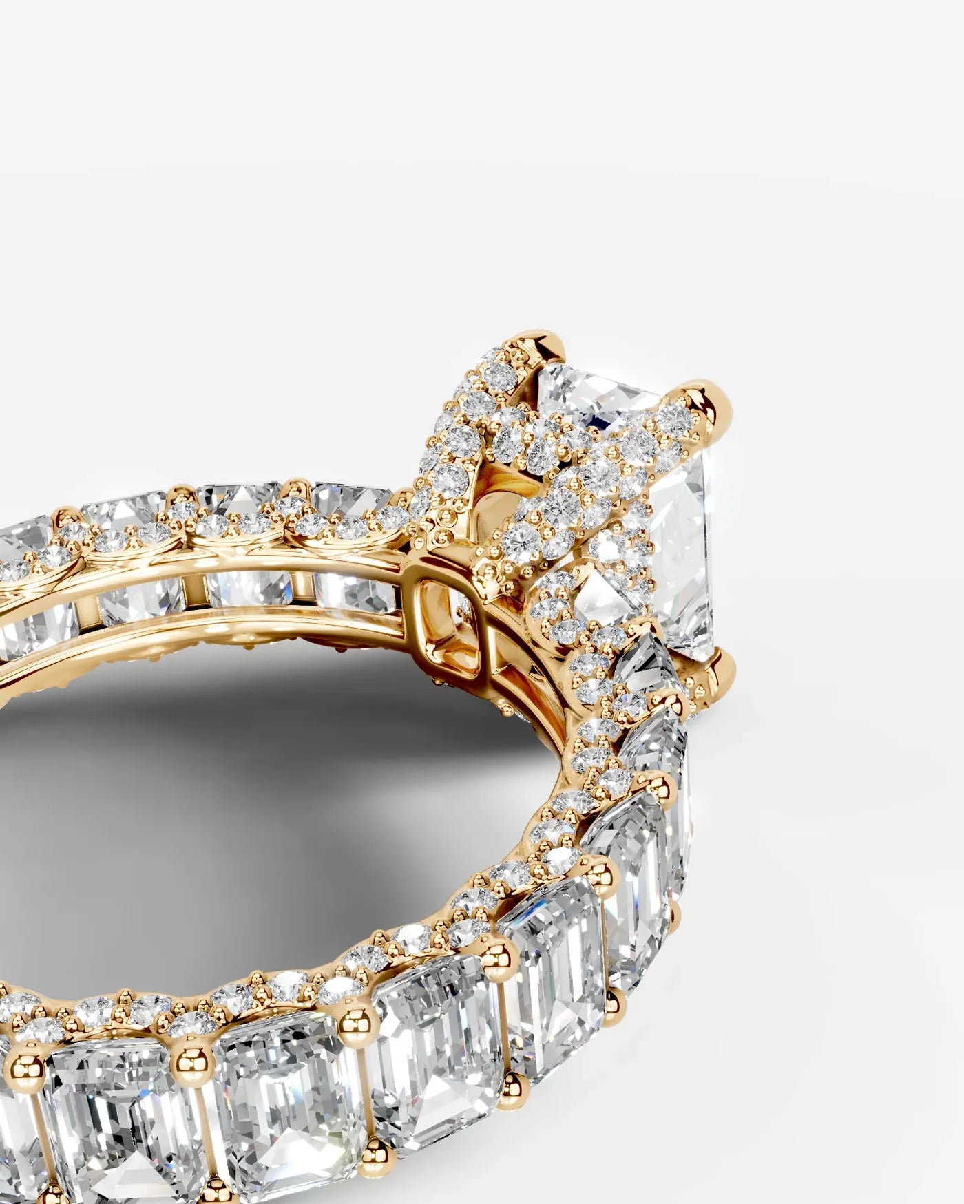 Radiant  Cut Lab Diamond Engagement Ring with Emerald cut eternity band and Hidden halo| D VS1