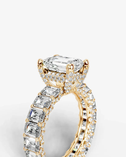 Emerald Cut Lab Diamond Engagement Ring with Emerald cut eternity band and Hidden halo| D VS1