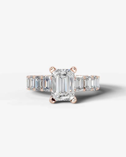 Emerald Cut Lab Diamond Engagement Ring with Emerald cut eternity band and Hidden halo| D VS1