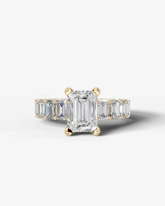 Emerald Cut Lab Diamond Engagement Ring with Emerald cut eternity band and Hidden halo| D VS1