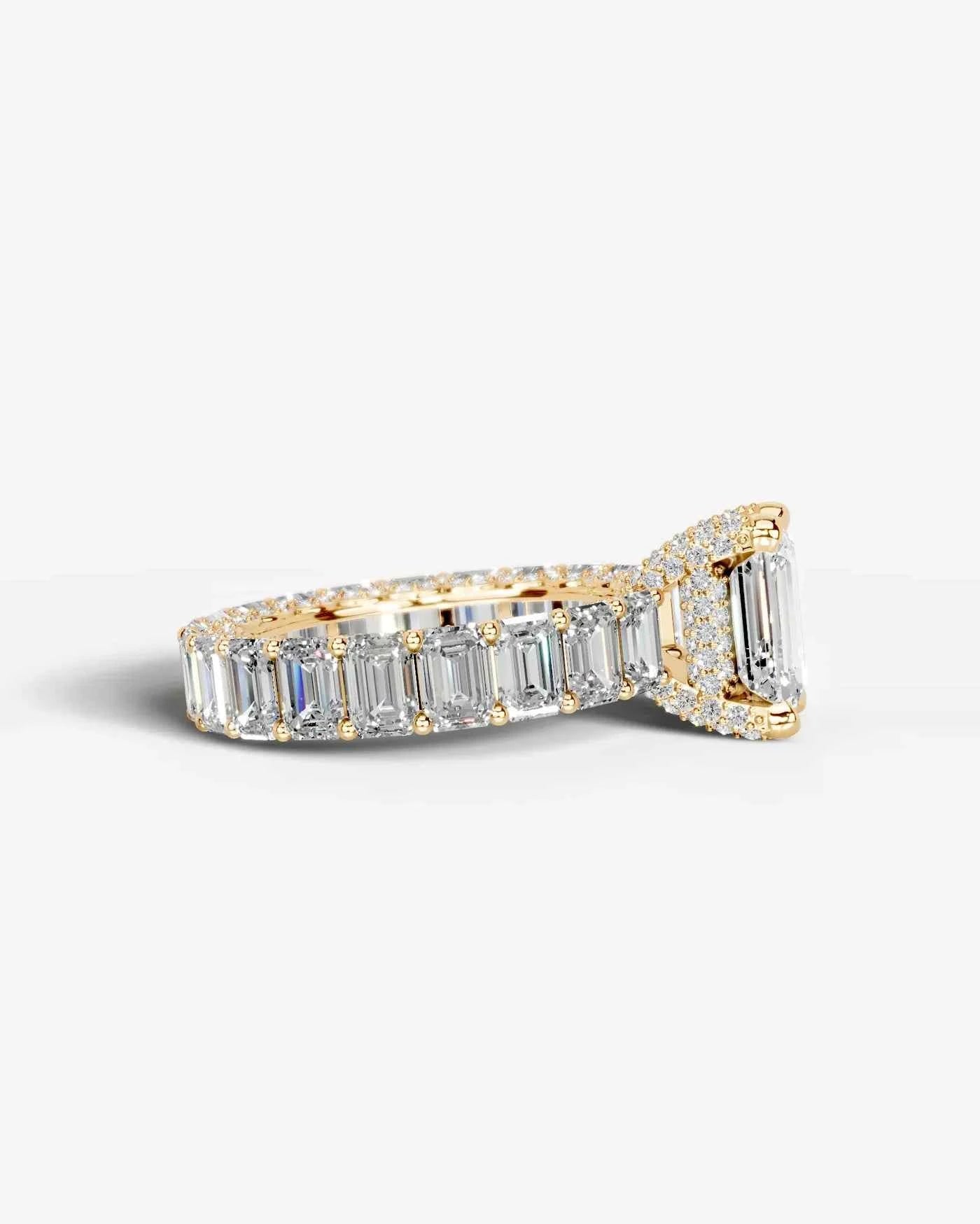 Emerald Cut Lab Diamond Engagement Ring with Emerald cut eternity band and Hidden halo| D VS1