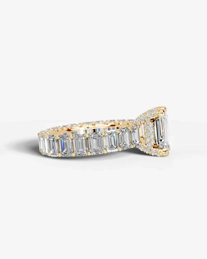 Emerald Cut Lab Diamond Engagement Ring with Emerald cut eternity band and Hidden halo| D VS1
