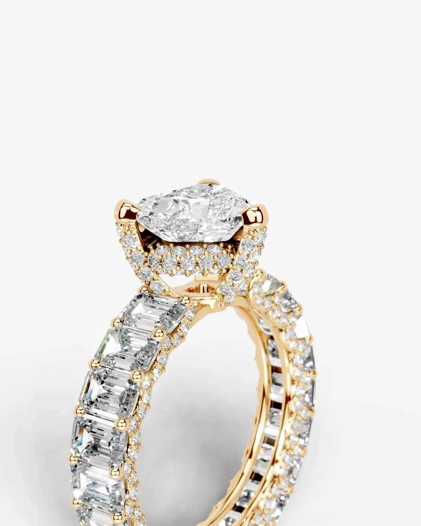Heart Cut Lab Diamond Engagement Ring with Emerald cut eternity band and Hidden halo| D VS1