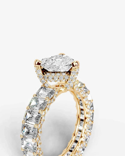 Heart Cut Lab Diamond Engagement Ring with Emerald cut eternity band and Hidden halo| D VS1