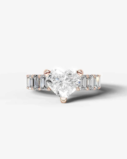 Heart Cut Lab Diamond Engagement Ring with Emerald cut eternity band and Hidden halo| D VS1