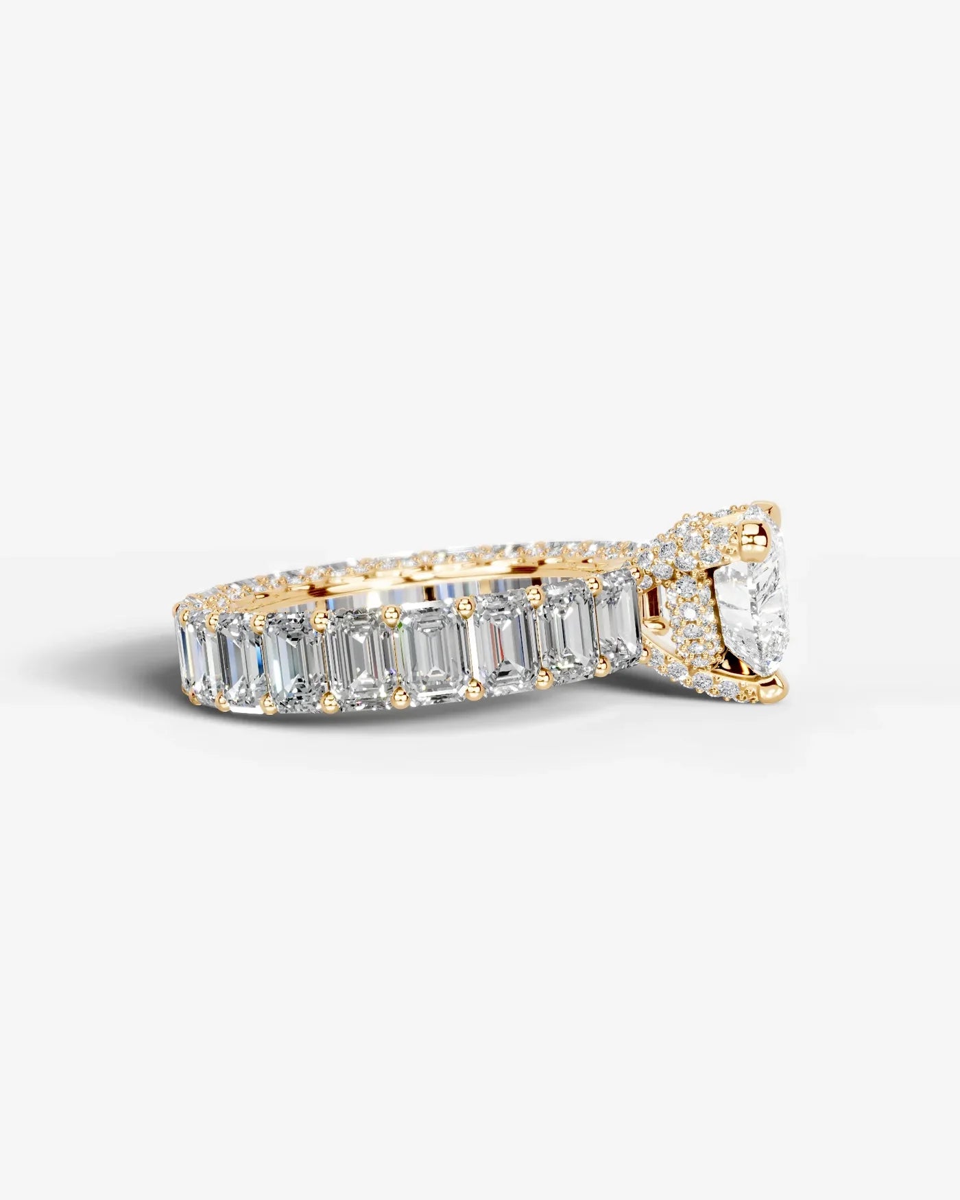 Heart Cut Lab Diamond Engagement Ring with Emerald cut eternity band and Hidden halo| D VS1