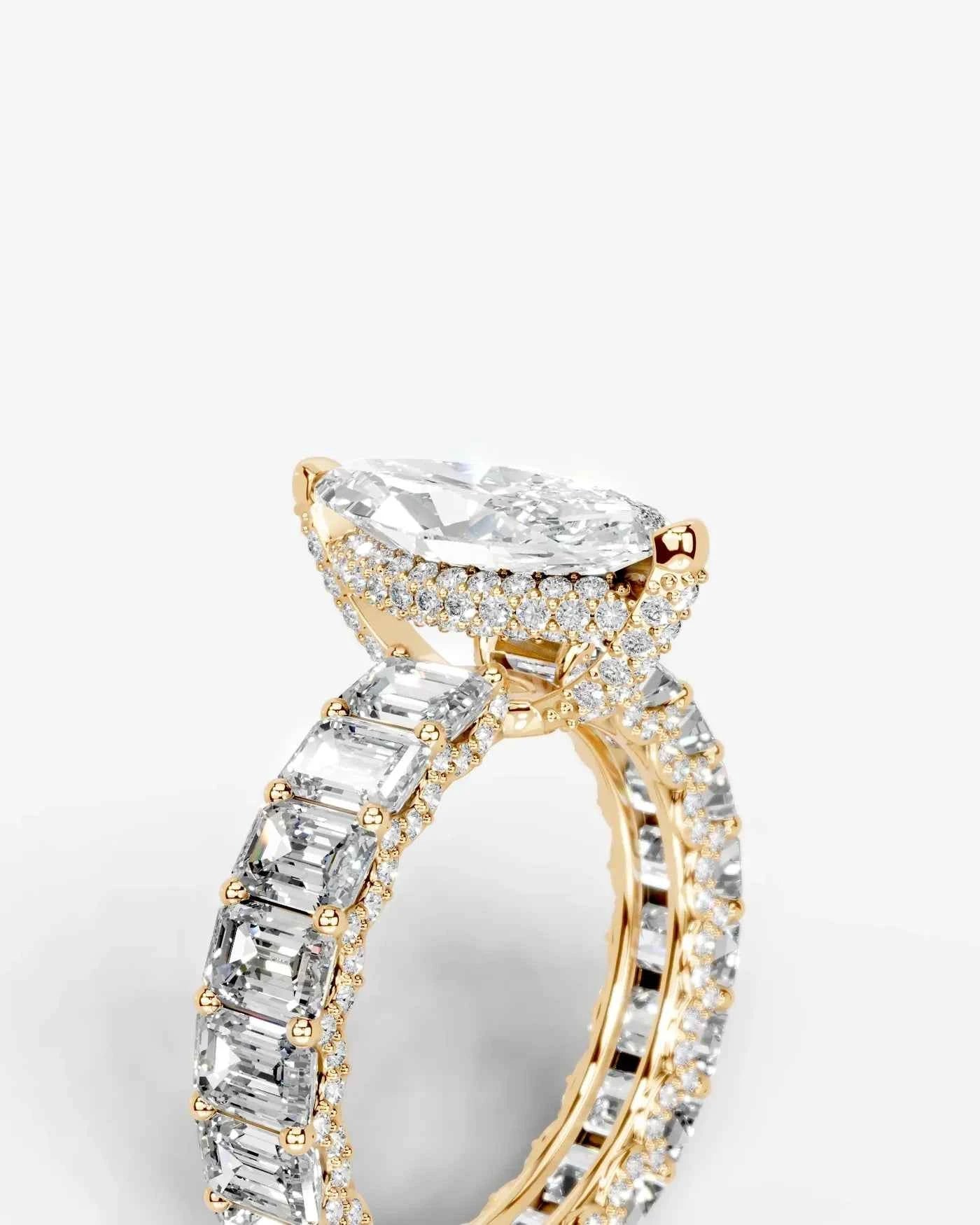 Marquise Cut Lab Diamond Engagement Ring with Emerald cut eternity band and Hidden halo| D VS1