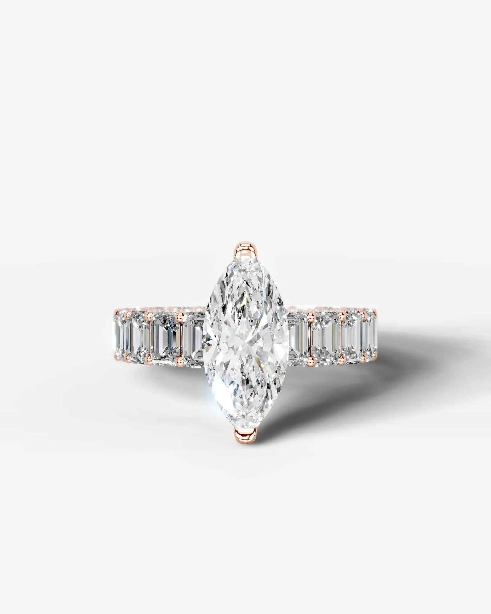 Marquise Cut Lab Diamond Engagement Ring with Emerald cut eternity band and Hidden halo| D VS1