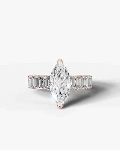 Marquise Cut Lab Diamond Engagement Ring with Emerald cut eternity band and Hidden halo| D VS1