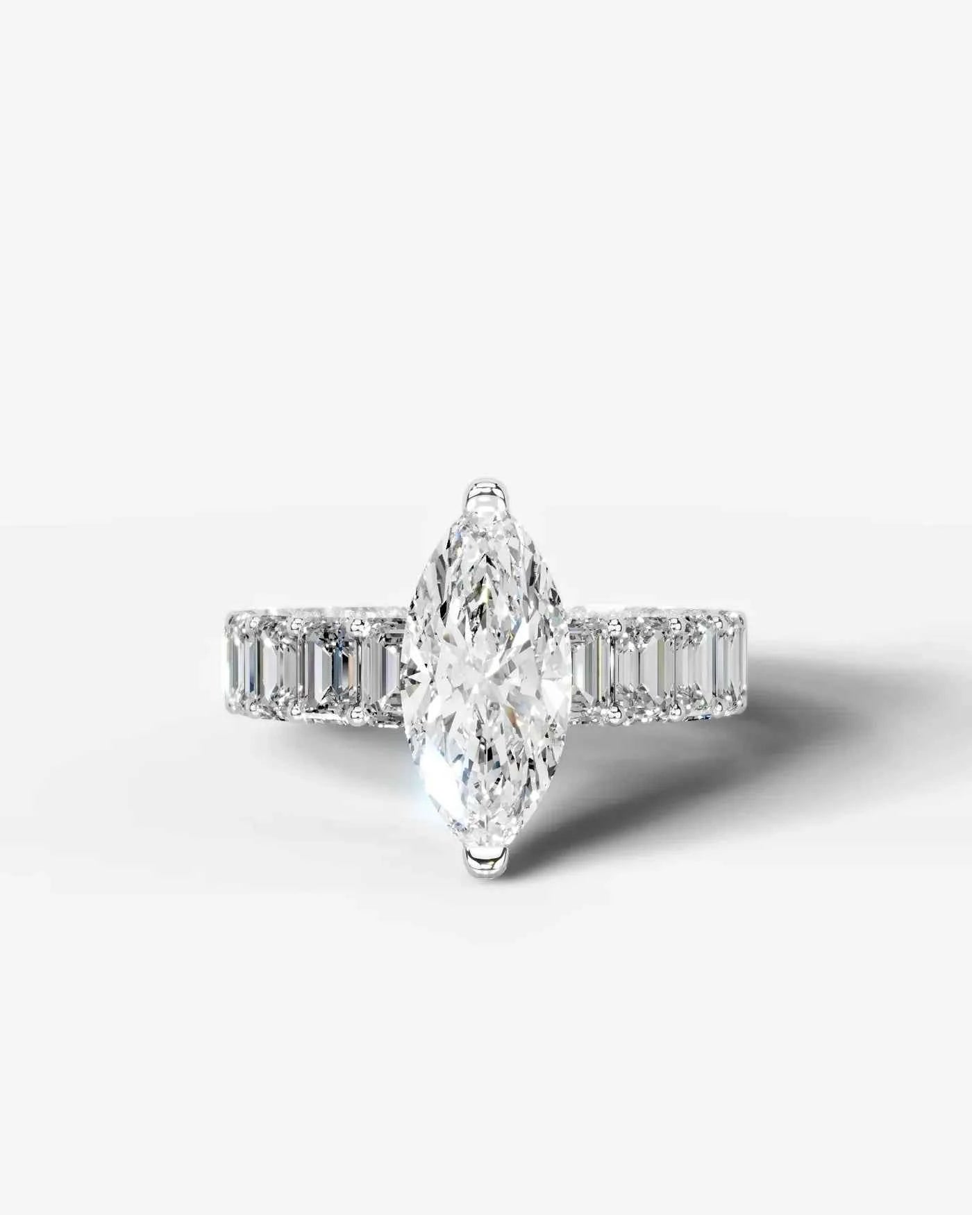 Marquise Cut Lab Diamond Engagement Ring with Emerald cut eternity band and Hidden halo| D VS1