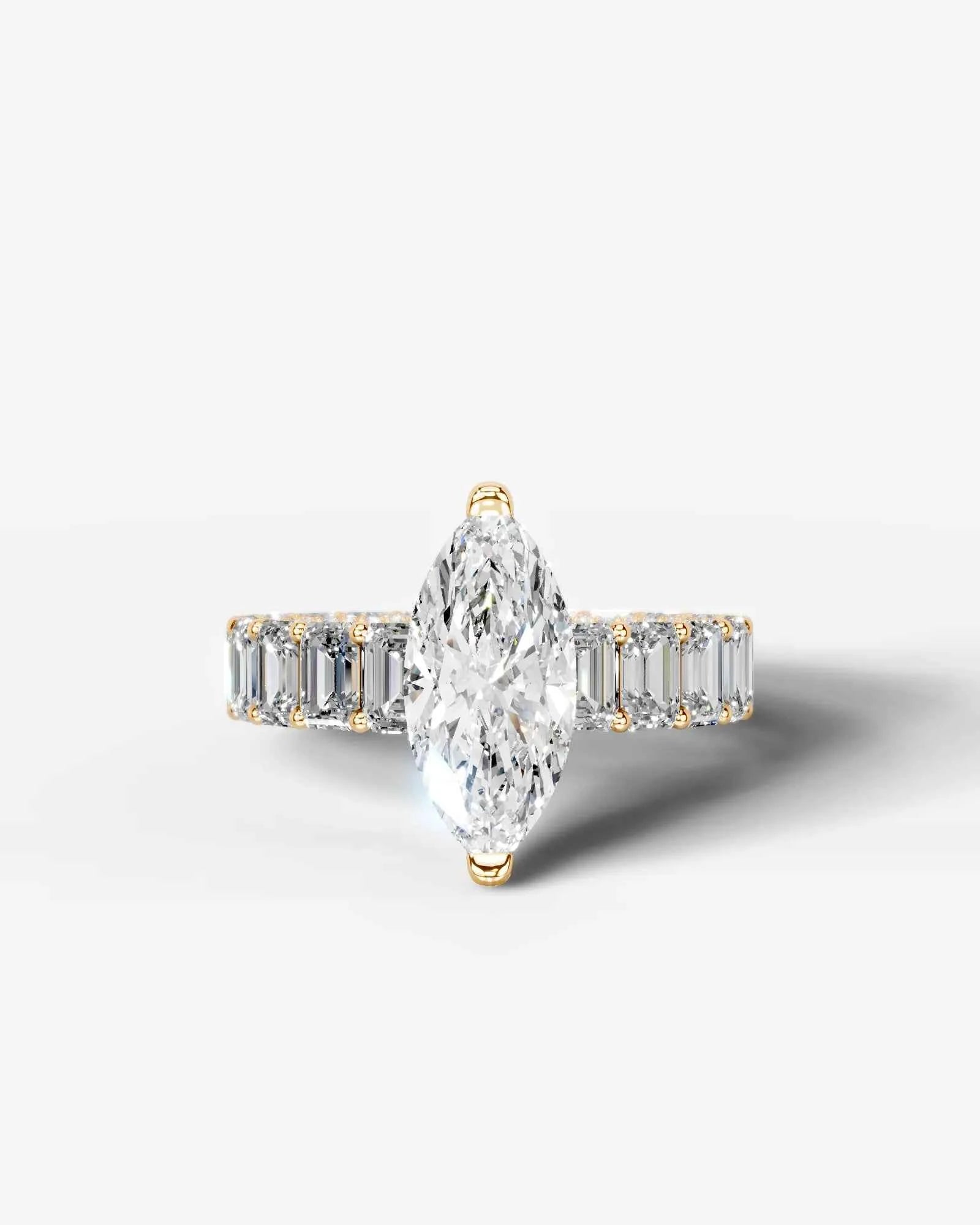 Marquise Cut Lab Diamond Engagement Ring with Emerald cut eternity band and Hidden halo| D VS1