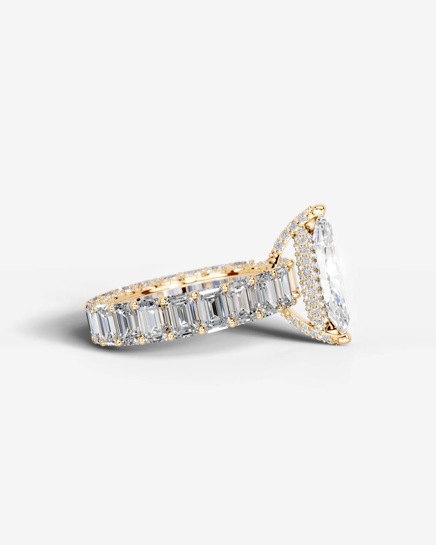 Marquise Cut Lab Diamond Engagement Ring with Emerald cut eternity band and Hidden halo| D VS1